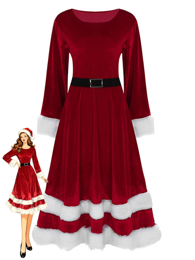 1940s Christmas Santa Faux Fur Trim Velvet Dress