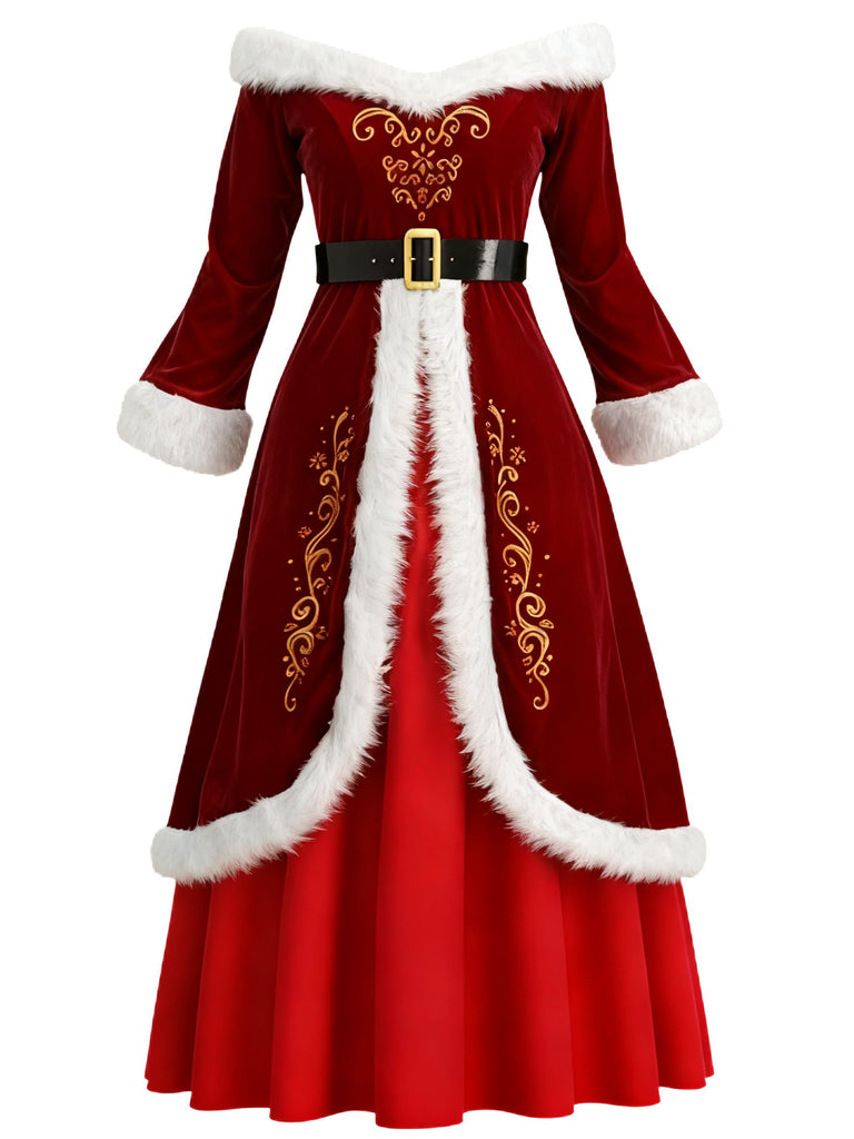 Red 1930s Christmas Velvet Faux Fur Trim Dress