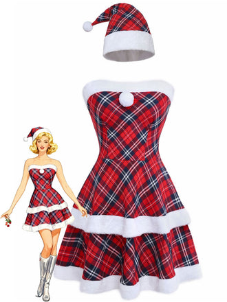Red 1960s Plaid Strapless Patchwork Dress Set