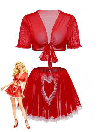 Red 1960s Heart Lace Cropped Pajama Set