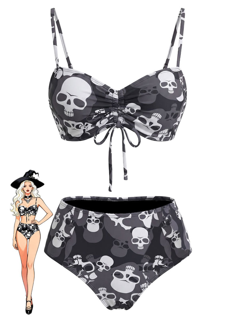 Black 1980s Gothic Skull Printed Drawstring Bikini Set