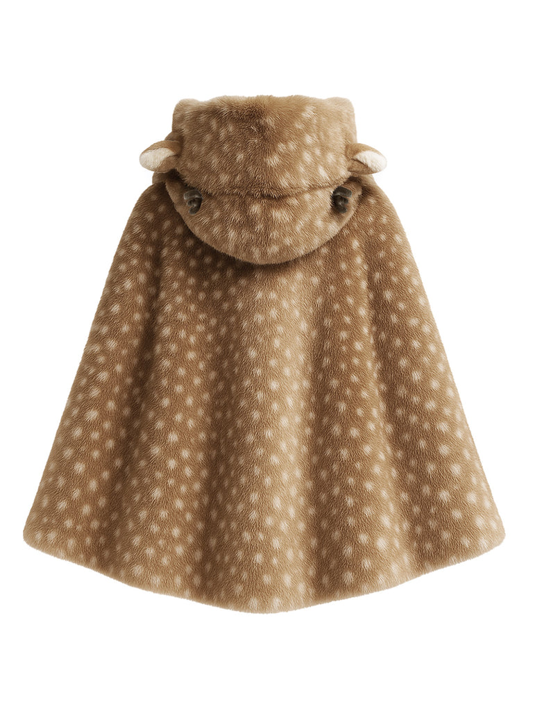 Khaki 1980s Deer Style Faux Fur Hooded Lace-Up Shawl