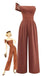 A sophisticated caramel-colored one-shoulder jumpsuit featuring a wide-leg silhouette and a decorative metal buckle on the shoulder, shown with a vintage illustration.