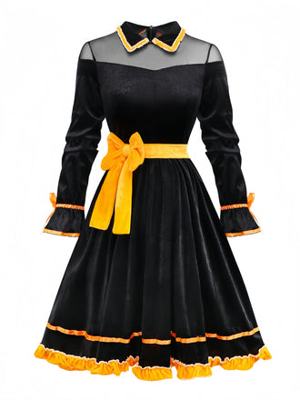 Black 1940s Lapel Bow Patchwork Dress