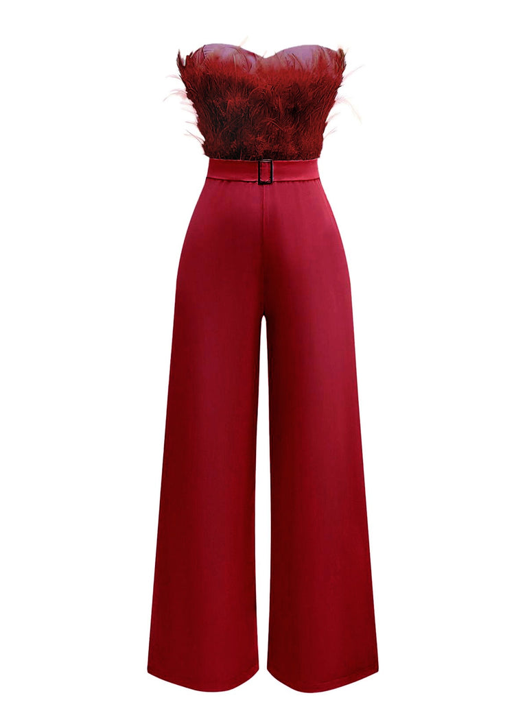 1970s Strapless Feather Solid Jumpsuit