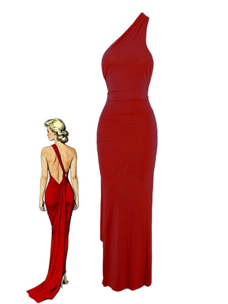1980s Solid One-Shoulder Evening Backless Dress with Train