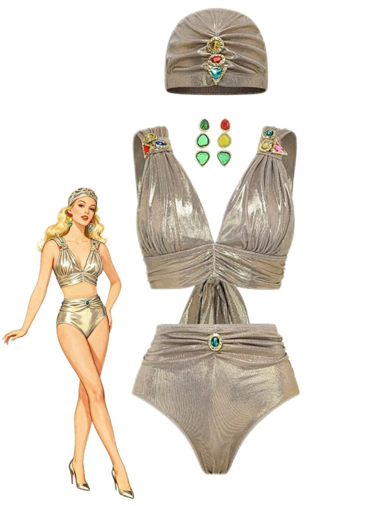 5PCS Gold 1980s Bejeweled Metallic Egyptian-Inspired Bikini Set