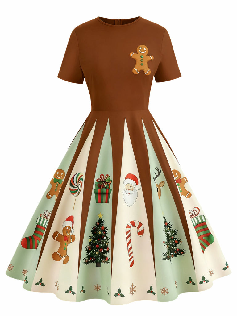 [Pre-Sale] Brown 1950s Christmas Gingerbread Swing Dress