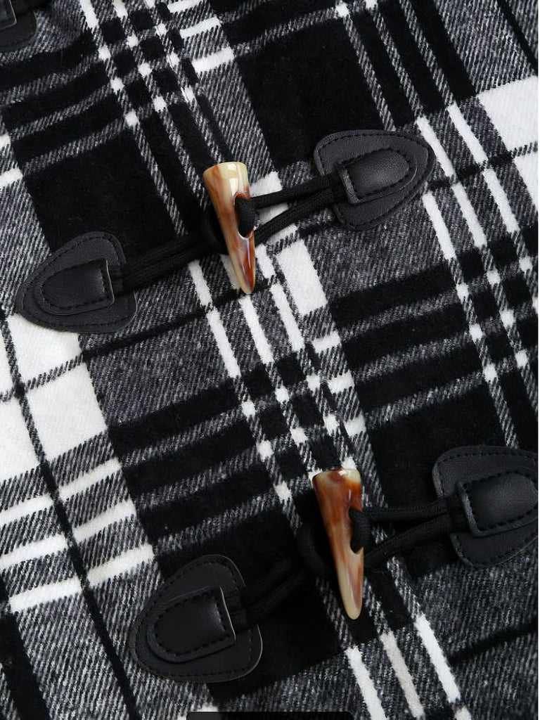 1940s Plaid Toggle Faux Fur Trim Hooded Coat