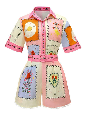 2PCS 1970s Boho Floral Blouse & Belted Shorts