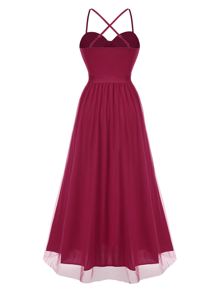 Red 1930s Solid Mesh Spaghetti Straps Evening Dress