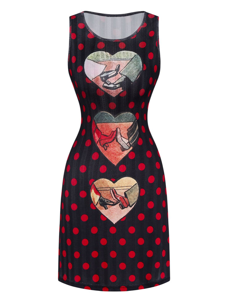 Black 1980s Polka Dot Heart Graphic Pencil Dress