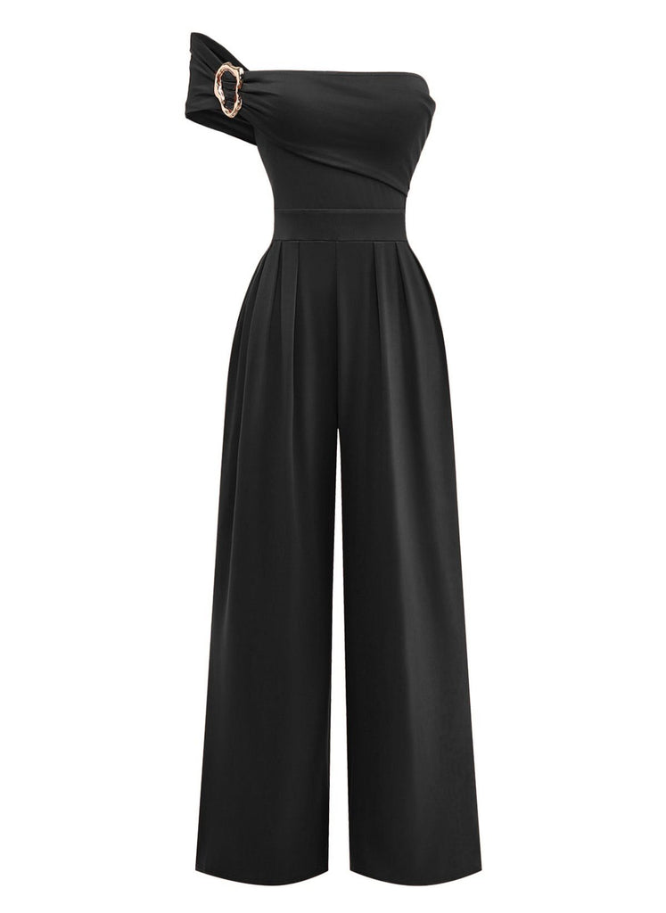 The retro one-shoulder wide-leg jumpsuit shown in classic black, perfect for formal evening events.