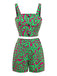 2PCS Green 1970s Button Abstract Print Cropped Top & Shorts
