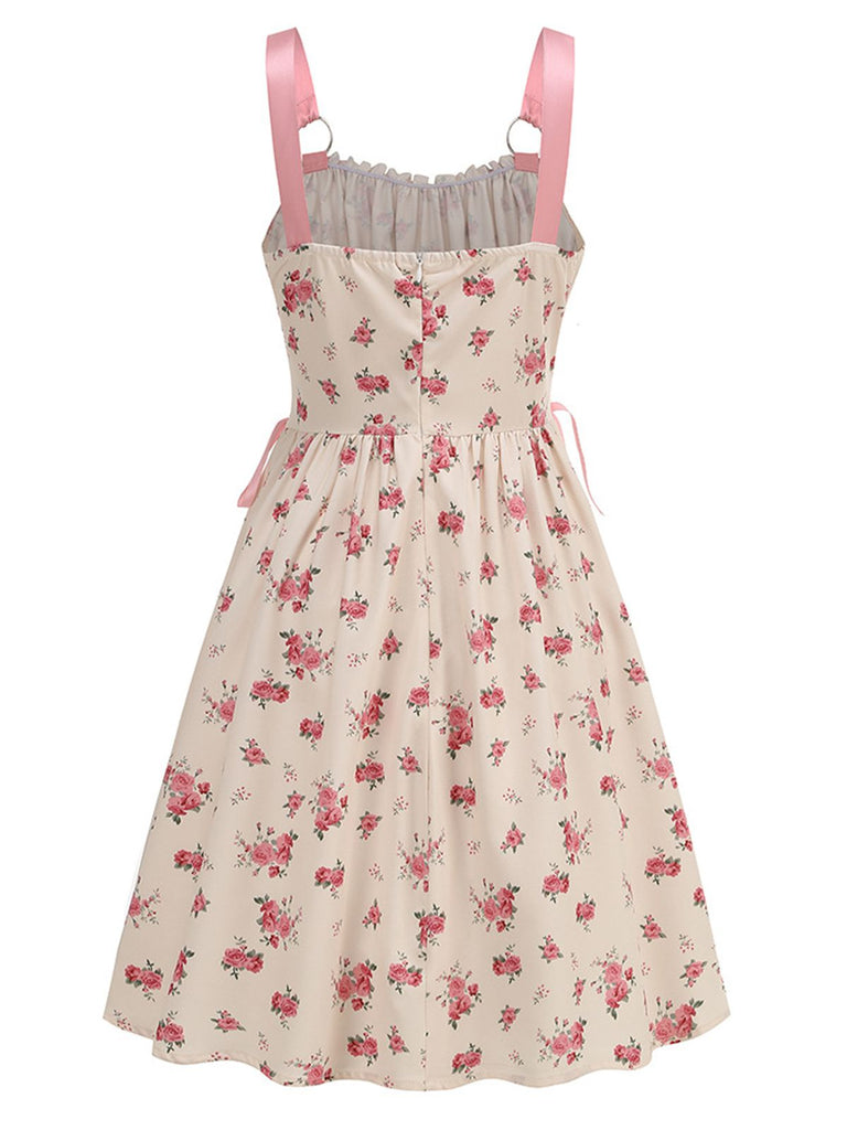 Pink 1950s Strap Ditsy Floral Lace-Up A-Line Dress