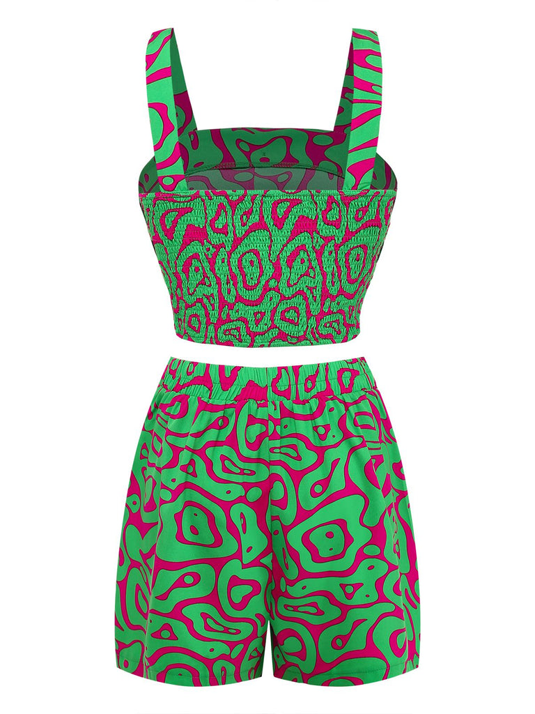 2PCS Green 1970s Button Abstract Print Cropped Top & Shorts