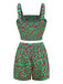 2PCS Green 1970s Button Abstract Print Cropped Top & Shorts