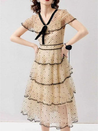 1950s Polka Dots Bow Mesh Tiered Dress