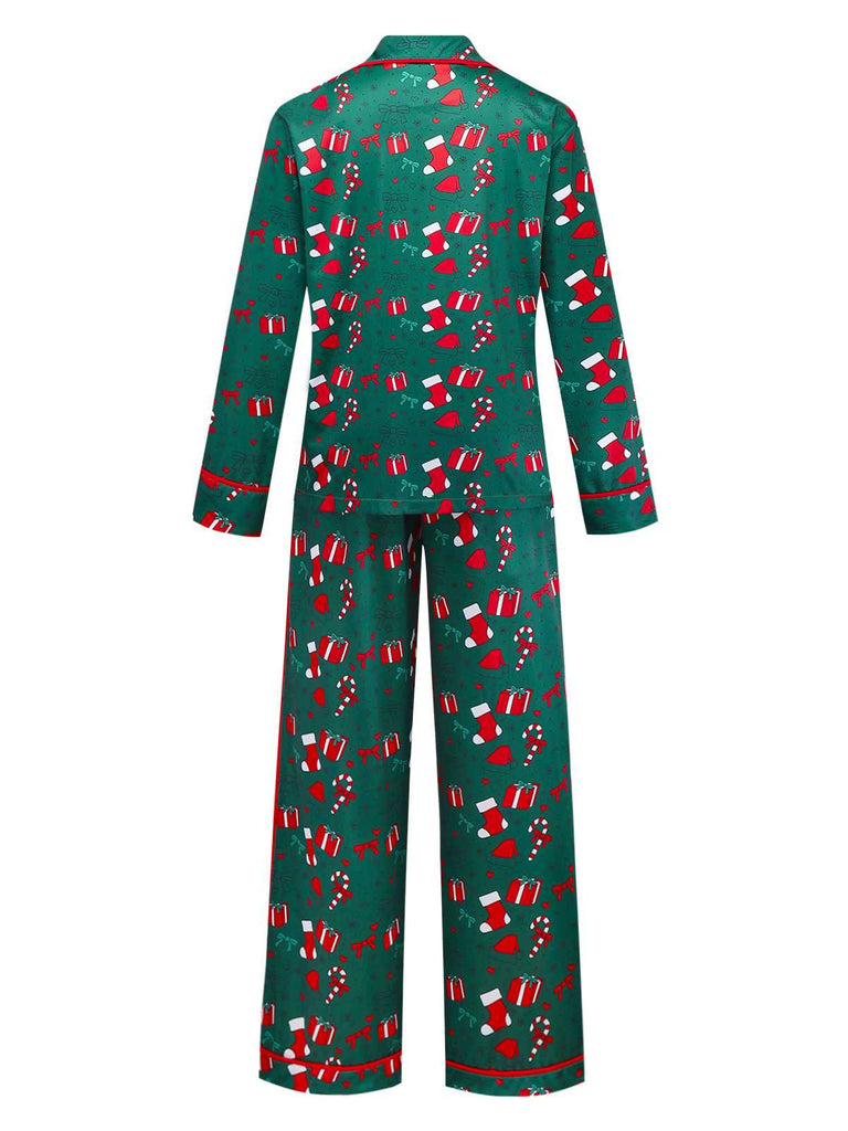 Green 1940s Christmas Print Pajama Set