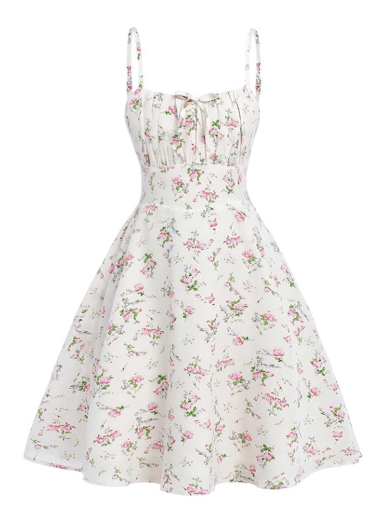 White 1950s Spaghetti Strap Floral A-Line Dress