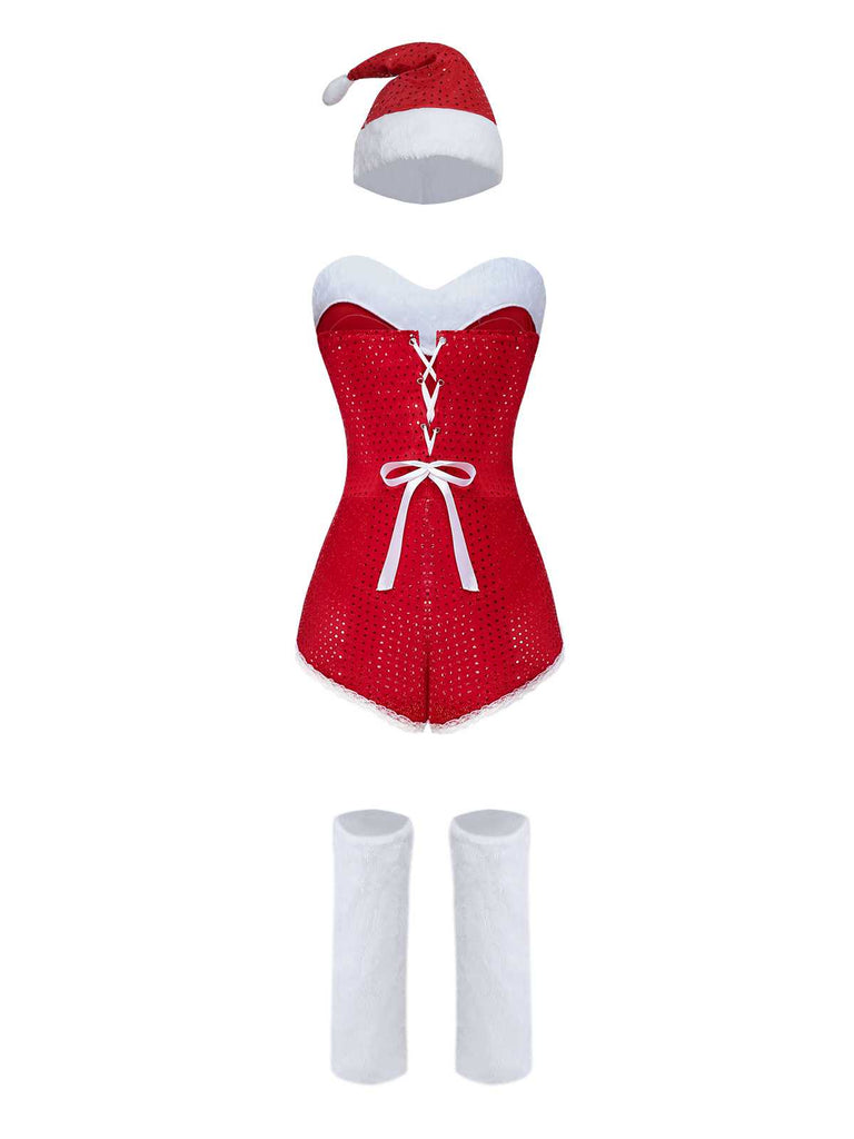 1980s Sequin Christmas Strapless Romper With Hat & Boot Covers
