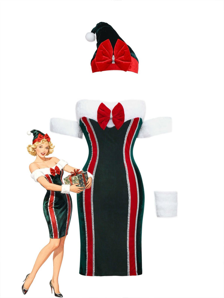 1960s Strapless Velvet Christmas Fur Trim Bow Dress Set