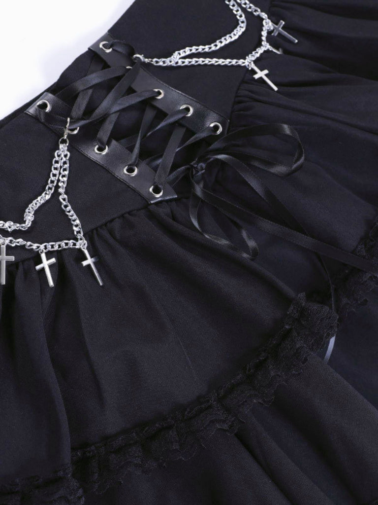 Black 1980s Gothic Chain Cross Lace Layered Skirt