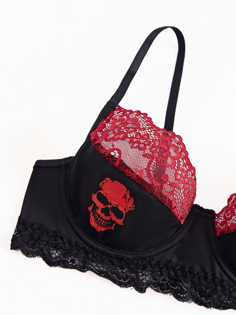Black 1980s Gothic Skull Lace Patchwork Crop Top