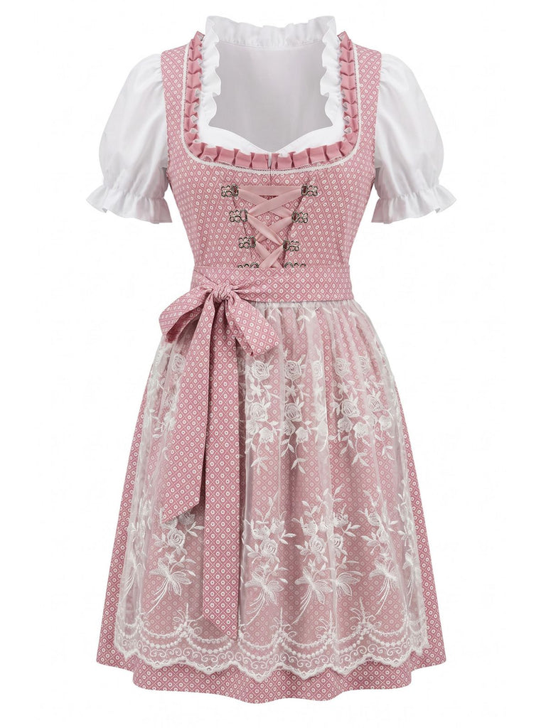 3PCS 1950s Square Neck Floral Dress & White Puff Top & Apron