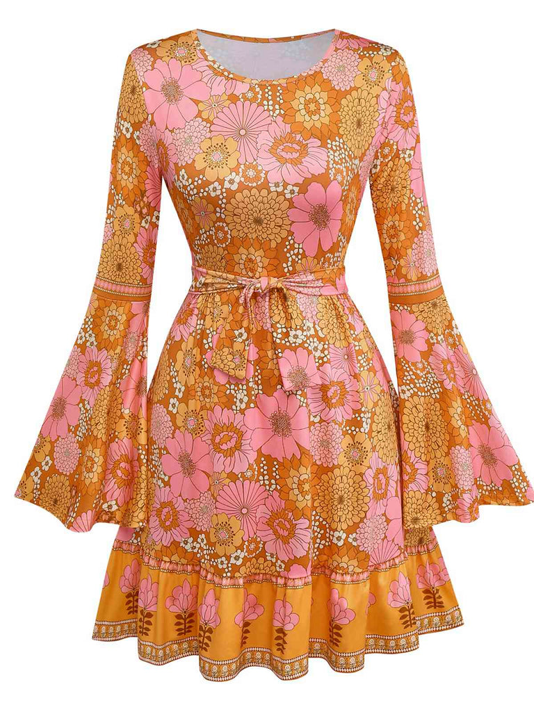 Orange 1960s Hippe Bell Sleeve Floral Dress