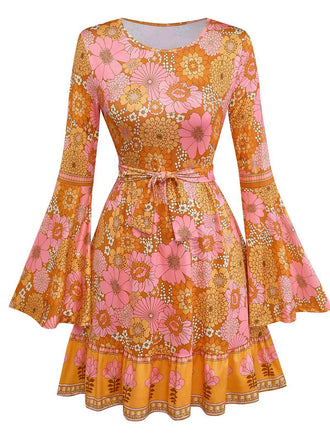Orange 1960s Hippe Bell Sleeve Floral Dress