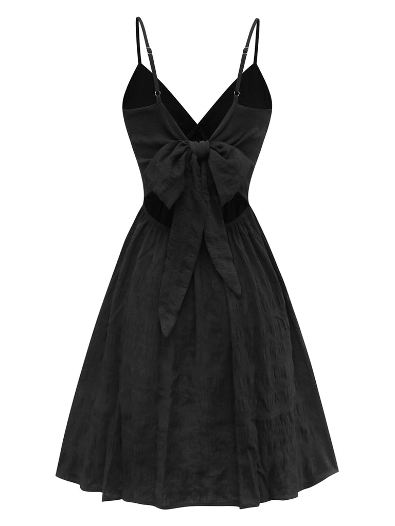 Black 1970s Boho Embroidered Floral Back-Bow Dress