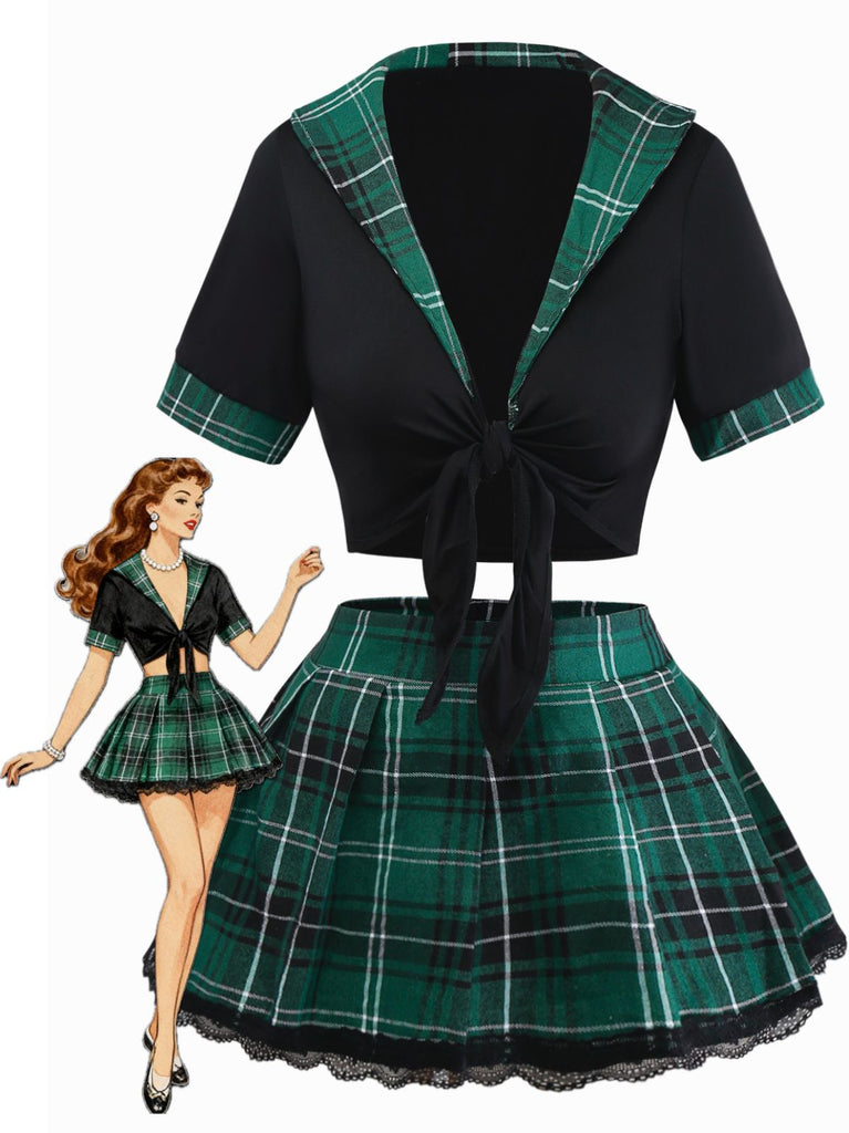 1980s Sexy Lace-Up Plaid Pajama Set