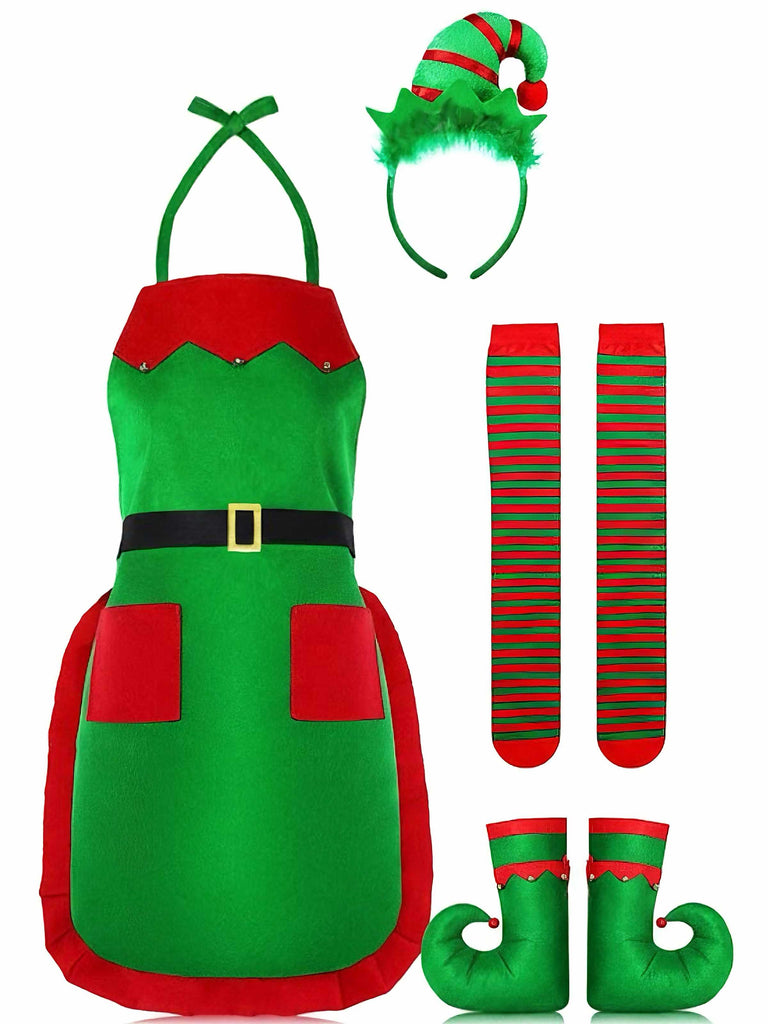 Green 1970s Christmas Elf Apron Costume Set