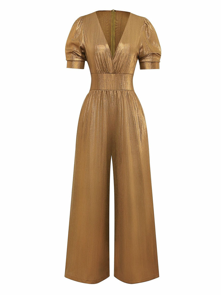 1970s Metallic V-Neck Wide-Leg Jumpsuit