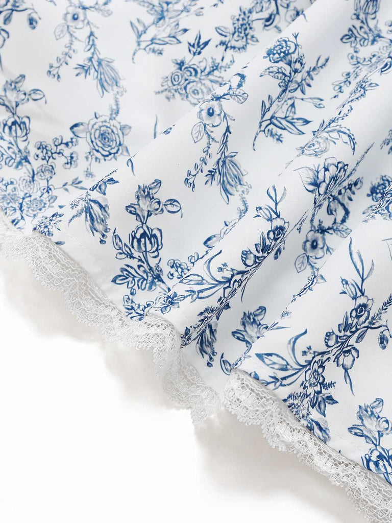 Blue 1950s Strap Floral Lace Corset Dress