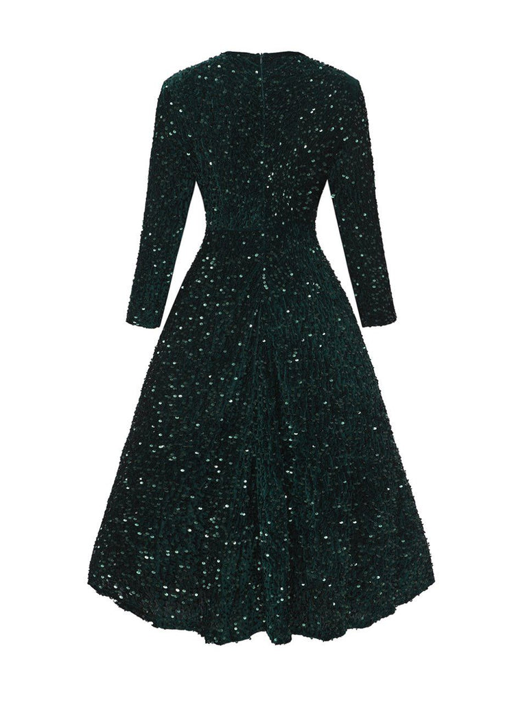Dark Green 1940s Solid Sequins Long Sleeve Maxi Dress