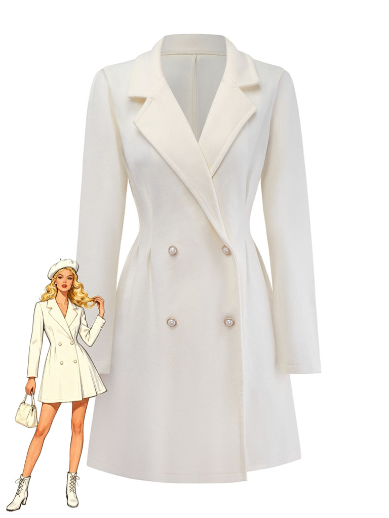 White 1940s Pearl Button Faux-Wool Coat