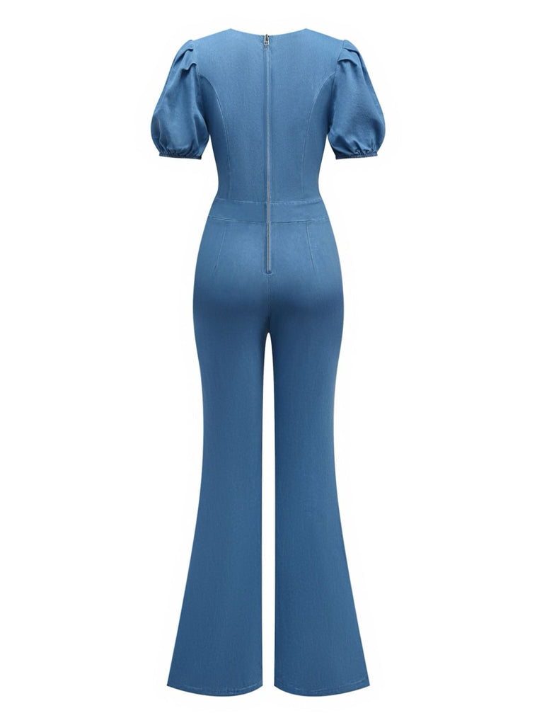 Blue 1970s Denim Puff Sleeve Cut-out Jumpsuit