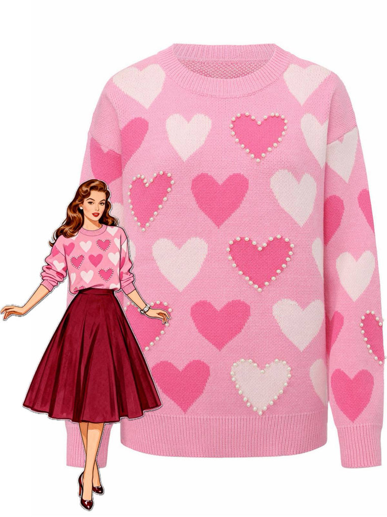 Pink 1950s Valentine's Day Heart Pearl Sweater
