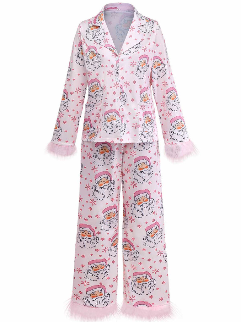 Pink 1950s Santa Print Fur Trim Pajama Set