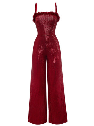 1970s Sequined Fur Trim Patchwork Spaghetti Strap Jumpsuit