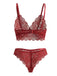 Front view of the dark red floral lace lingerie set, highlighting the intricate mesh patterns and delicate straps.