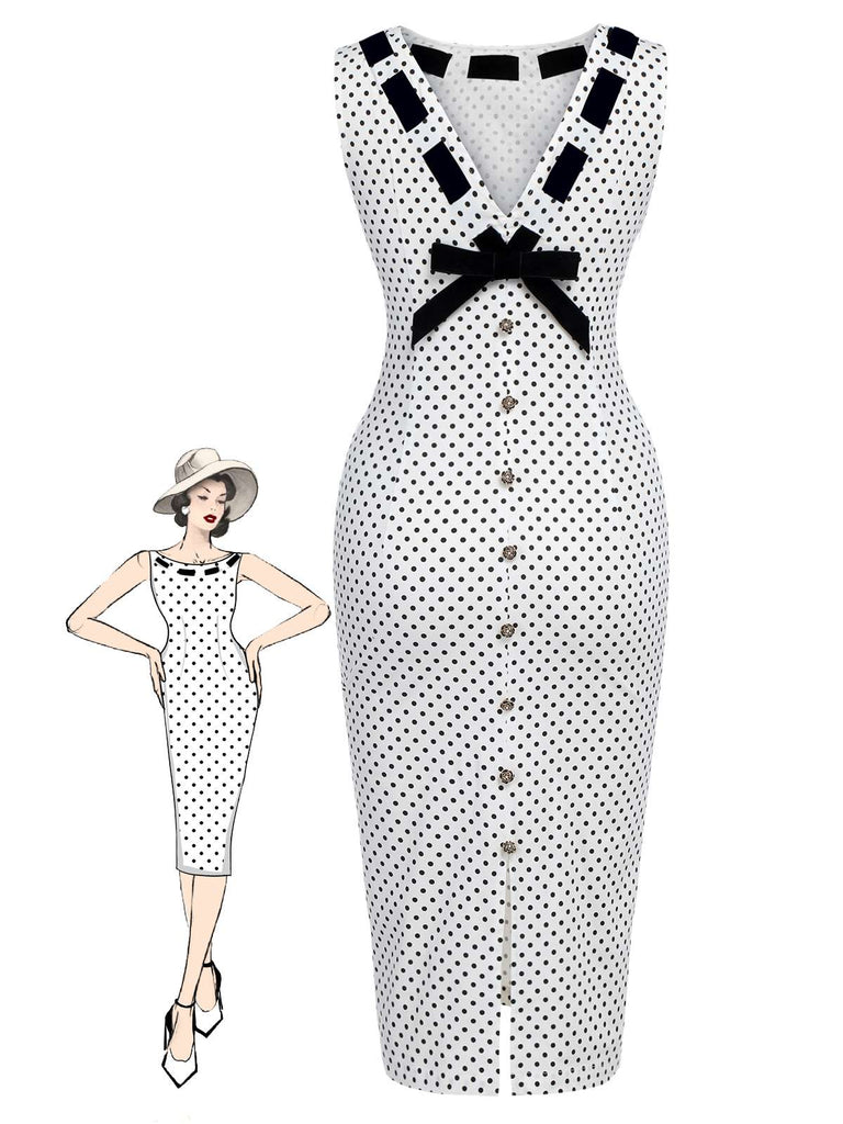 White 1960s Polka Dot Button Pencil Dress