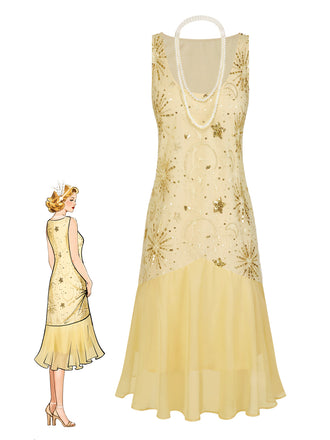[Pre-Sale] Champagne 1920s Firework Star Sequins Mesh Pearl Dress