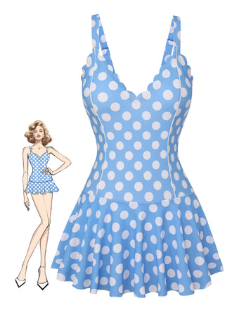 [US Warehouse] Blue 1960s Polka Dot Petal Neck Swimsuit