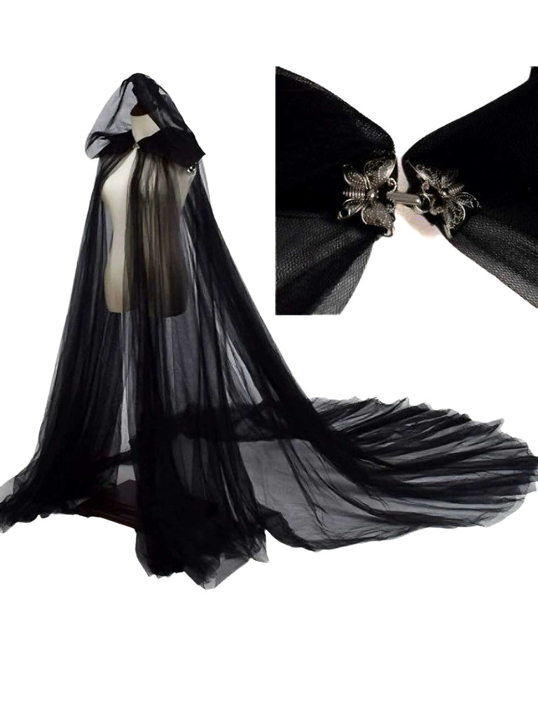 Black Halloween Vampire Bride Mesh Hooded Cape Cloak