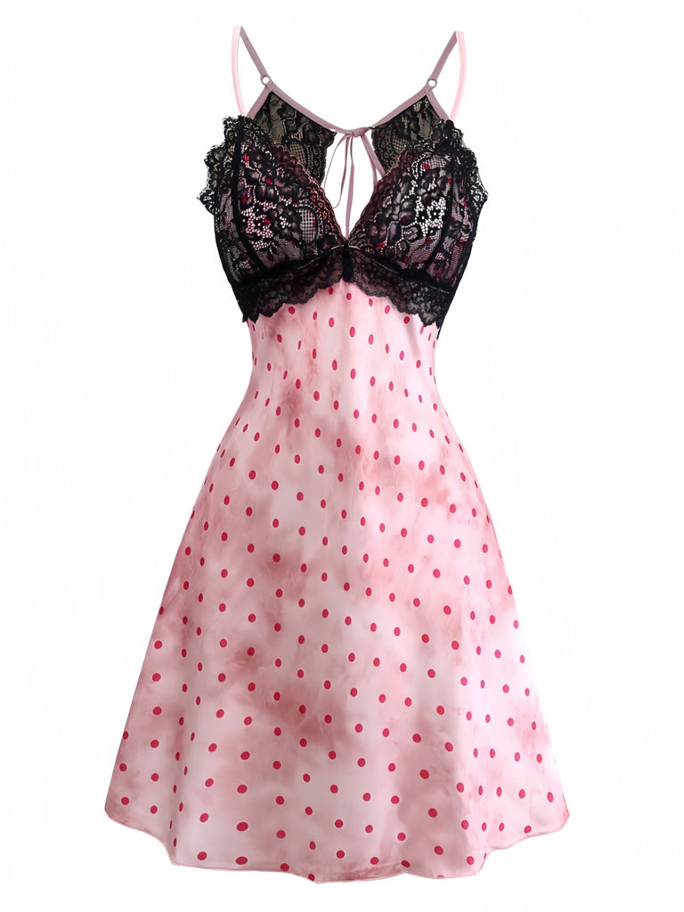 Pink 1940s Satin Polka Dot Lace Trim Backless Nightdress