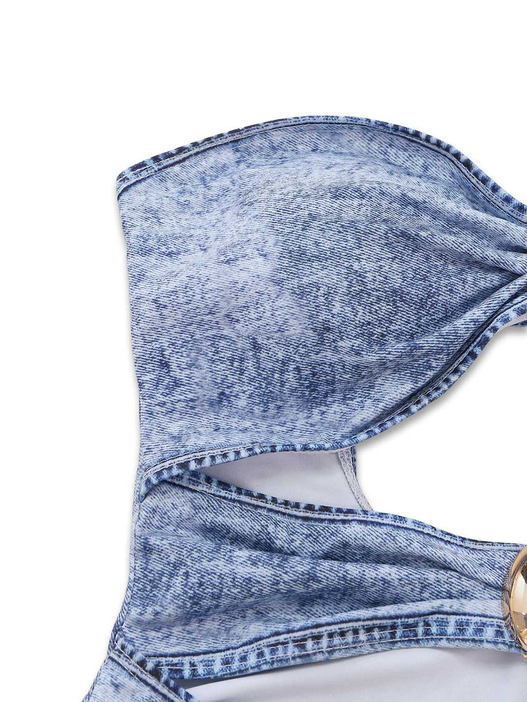 Detailed view of the side profile showcasing the acid-wash denim print effect and the stitching along the cut-out.