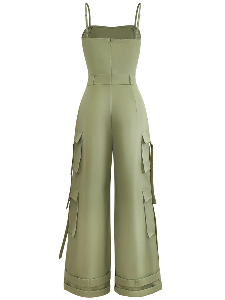 1970s Solid Spaghetti Strap Cargo Style Wide-Leg Jumpsuit
